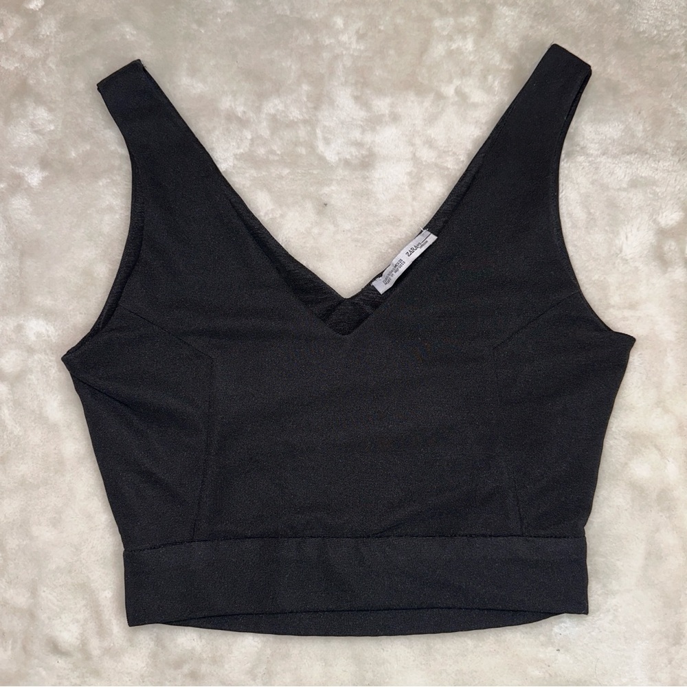 Zara Basic Black V-neck Open Back Crop Top Size Small